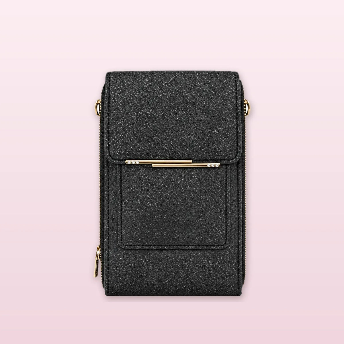 Bolso porta celular negro con ventana táctil, visto de frente