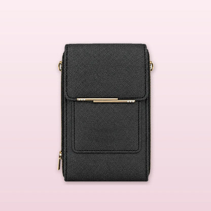Bolso porta celular negro con ventana táctil, visto de frente
