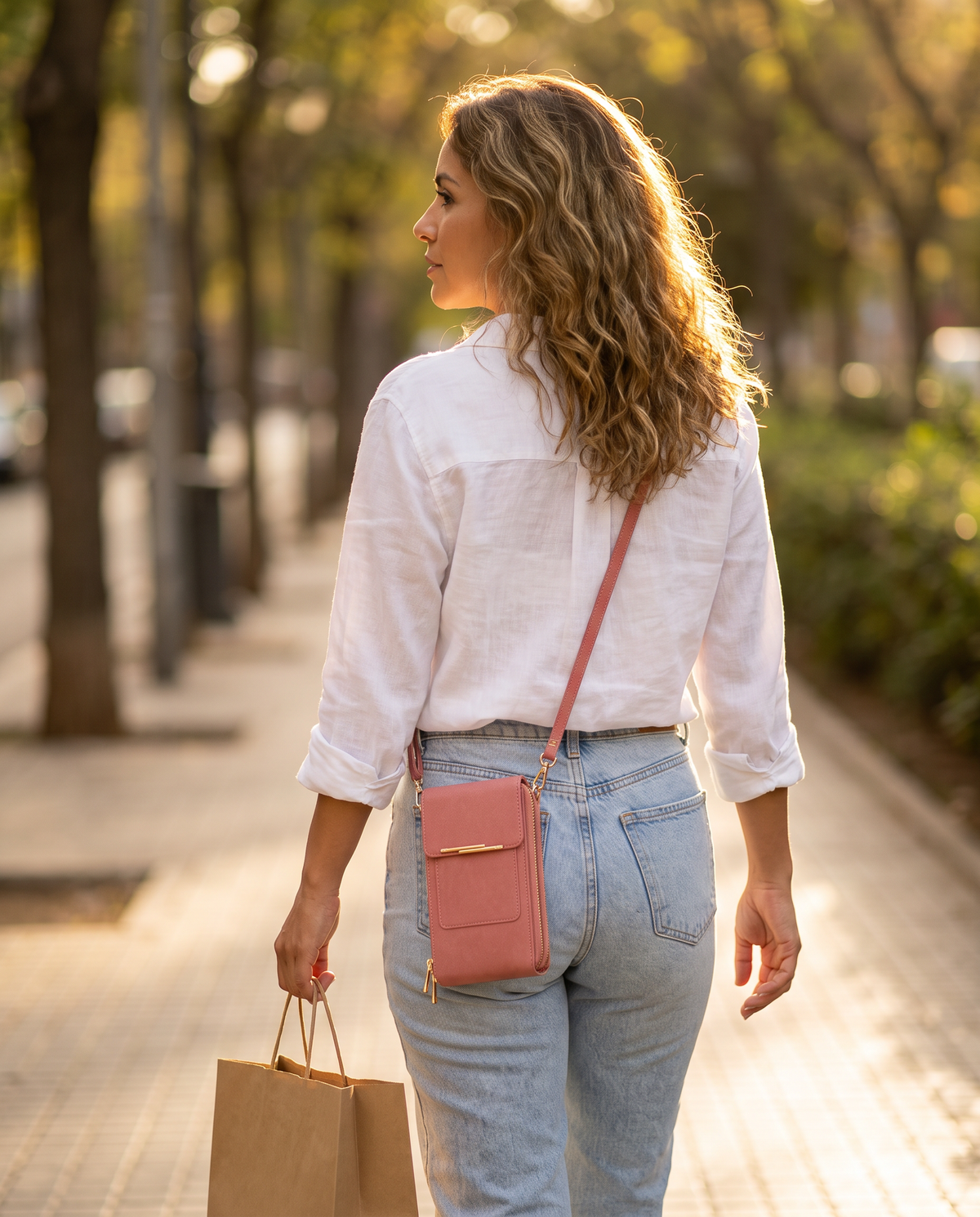 Mujer caminando de espaldas con el bolso coral cruzado y una bolsa de compras