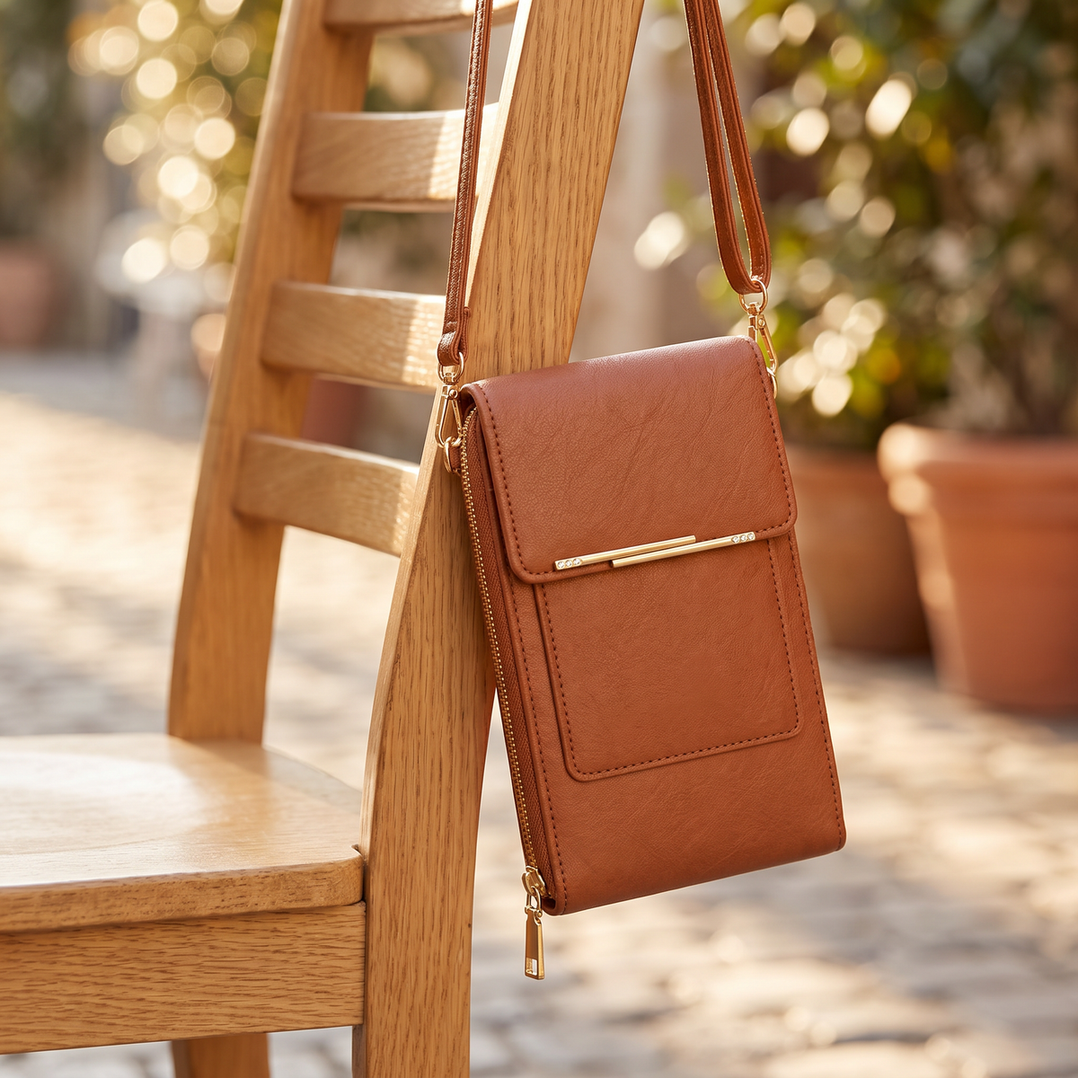 Bolso café caramelo colgado en una silla de terraza