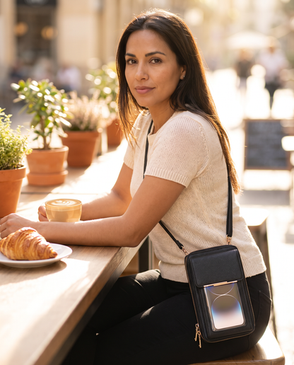 Mujer en un café con el bolso porta celular negro cruzado