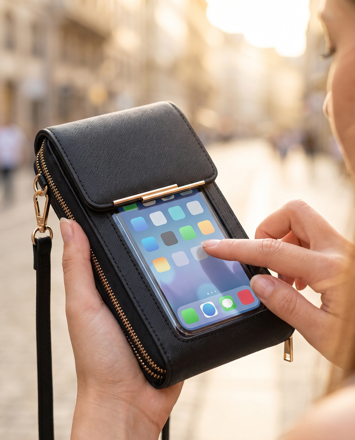 Mano usando la pantalla del celular a través de la ventana táctil del bolso negro